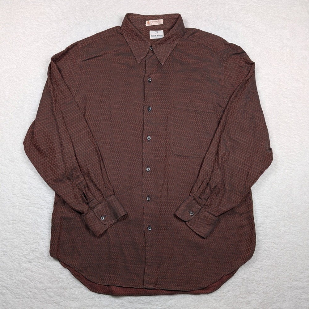 Vintage Neiman Marcus Shirt Mens L Brown Geometric Woven Button Made USA 70s 80s - Picture 2 of 10